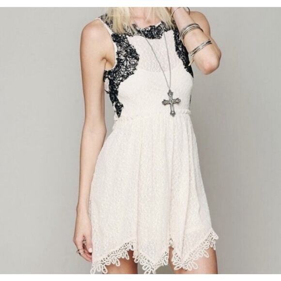 Free People S Romantic‎ Ivory & Black Lace Boho Summer Festival Gypsy Dress NWOT - Picture 2 of 13